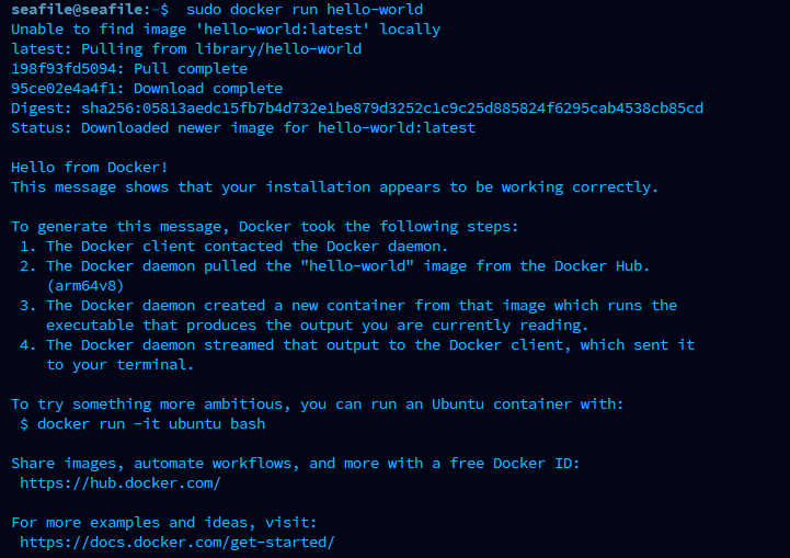 Résultat de la commande docker hello-world